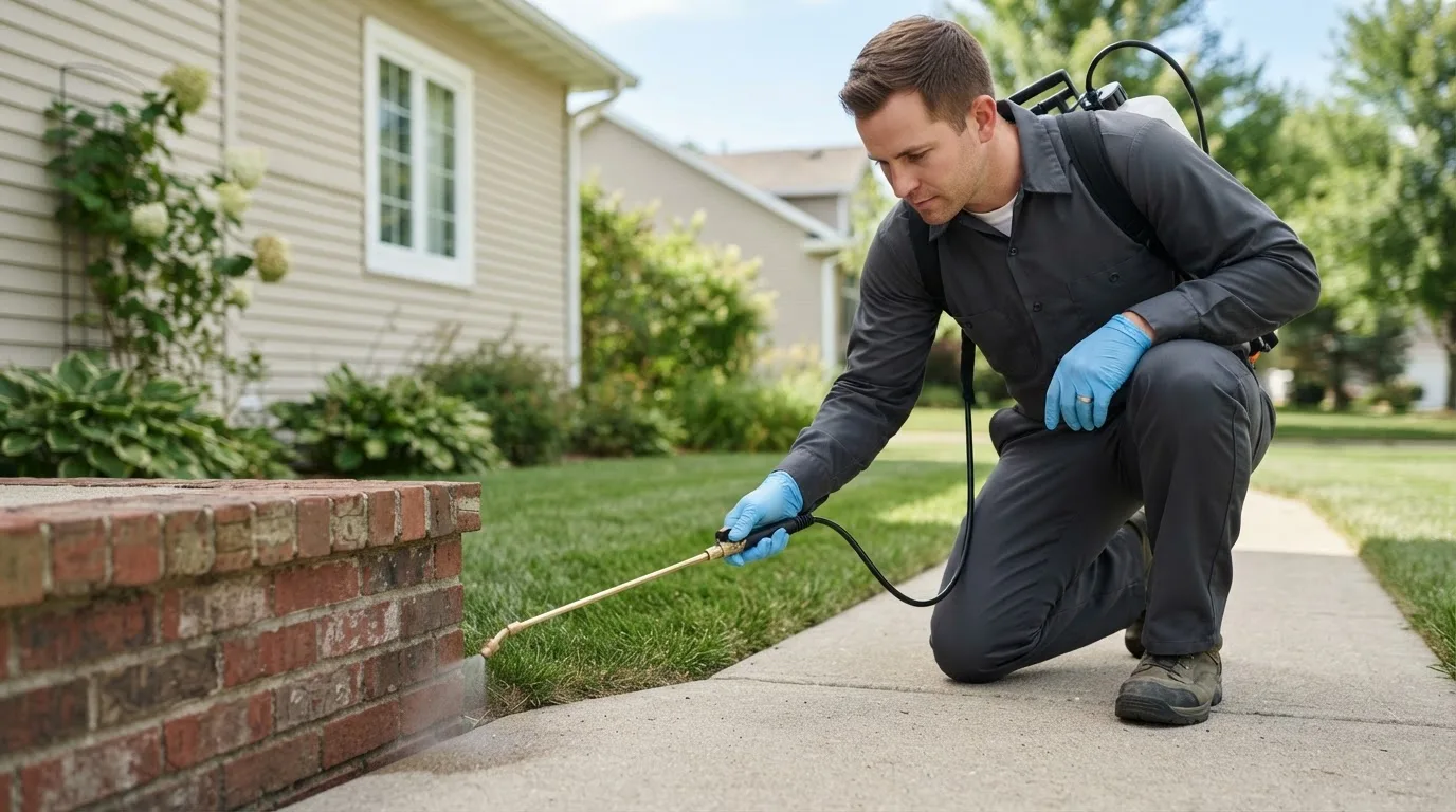 Pest control technician treating a home near Stacy, NC